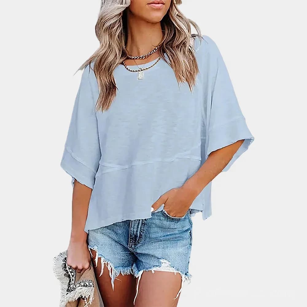 Solid Color Panel T-Shirt with Flared Sleeves - View 6