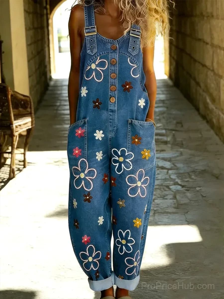Women's Retro Floral Color-Blocked Washed Cotton Denim Jumpsuit - View 1