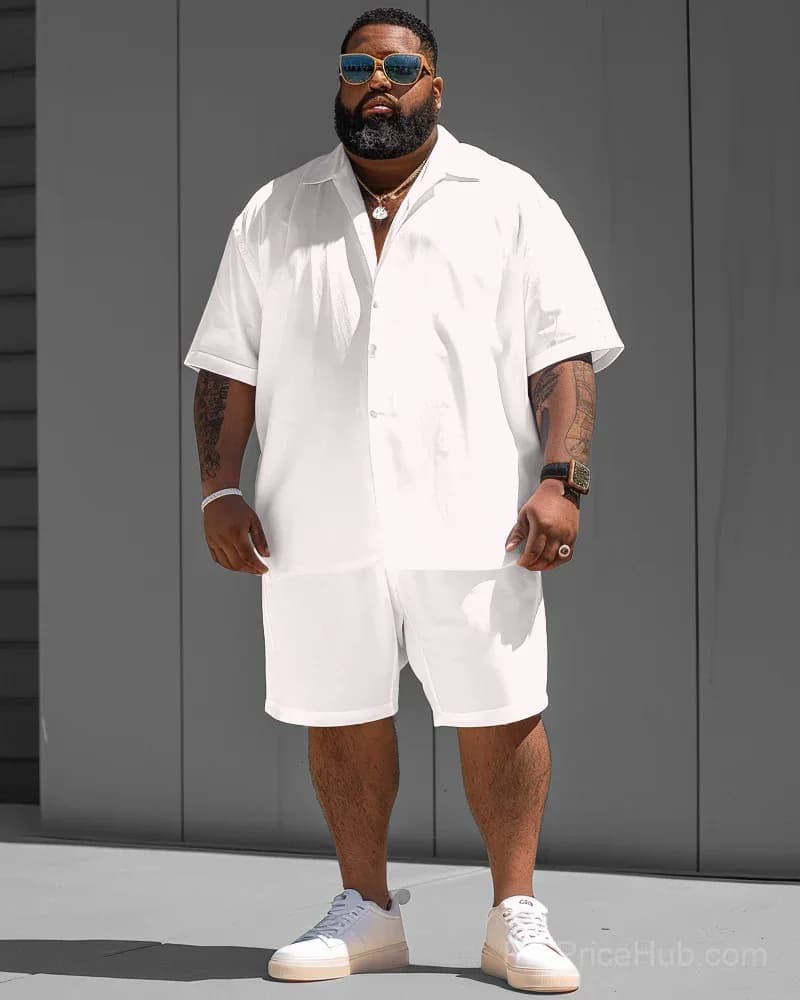 Big Guy White Solid Color Short Sleeve Shirt and Shorts Set - View 1