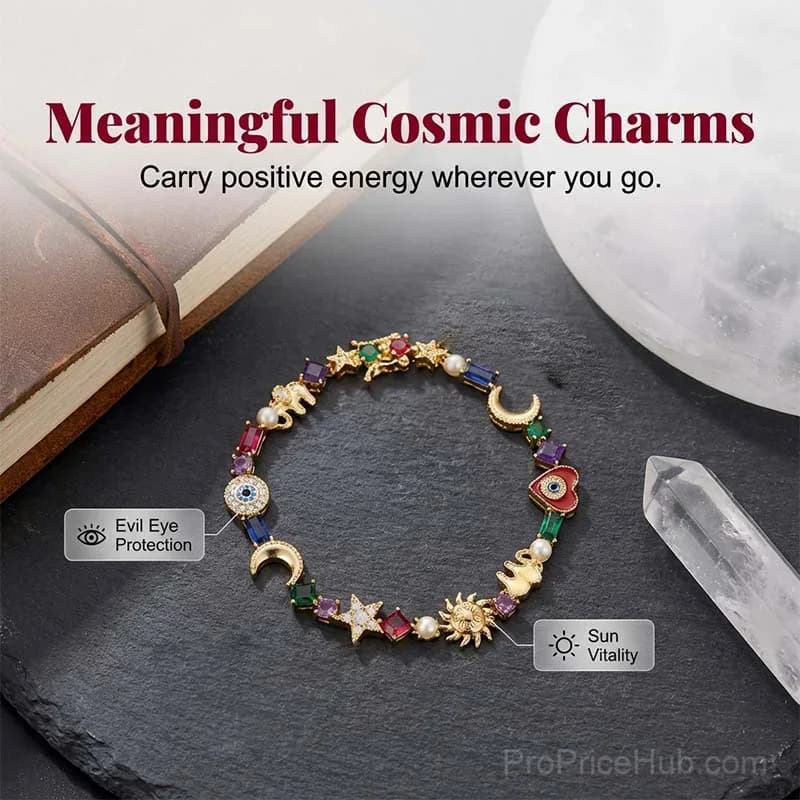 Celestial Charm Bracelet with Sun, Moon, Stars - Multi-Color Crystals - View 1