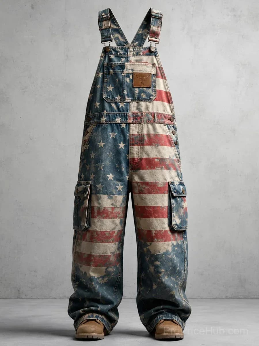 Men's Retro Art Print Patchwork Denim Jumpsuit - View 1