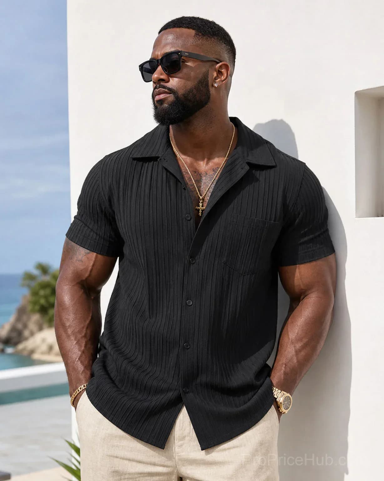 Men's Striped Jacquard Textured Short Sleeve Summer Beach Shirt - View 1