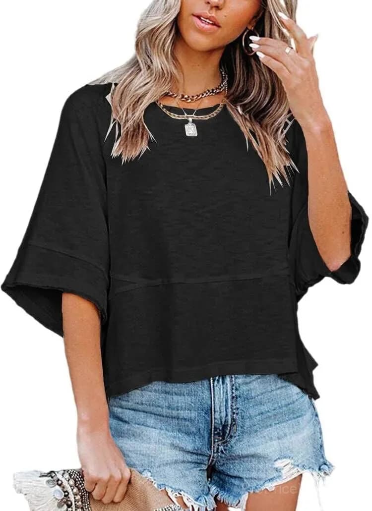 Paneled Solid Color Flared Sleeve T-Shirt - View 2