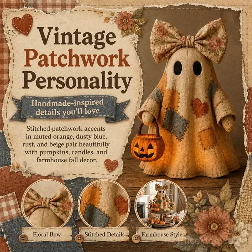 Lighted Ghost Decoration - Vintage Patchwork - Alt