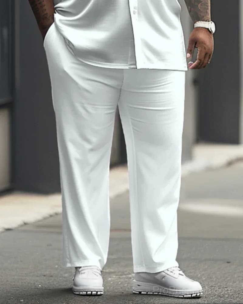 White Big Men's Short Sleeve Shirt & Trousers Set - View 4