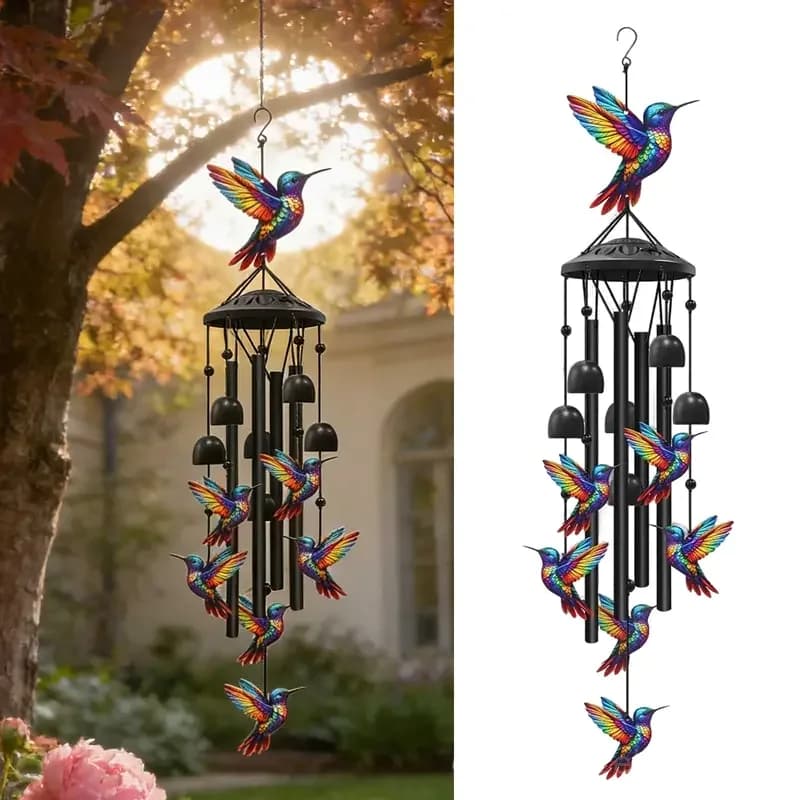Vintage Colorful Hummingbird Wind Chime with Metal Tubes and Bells - Main