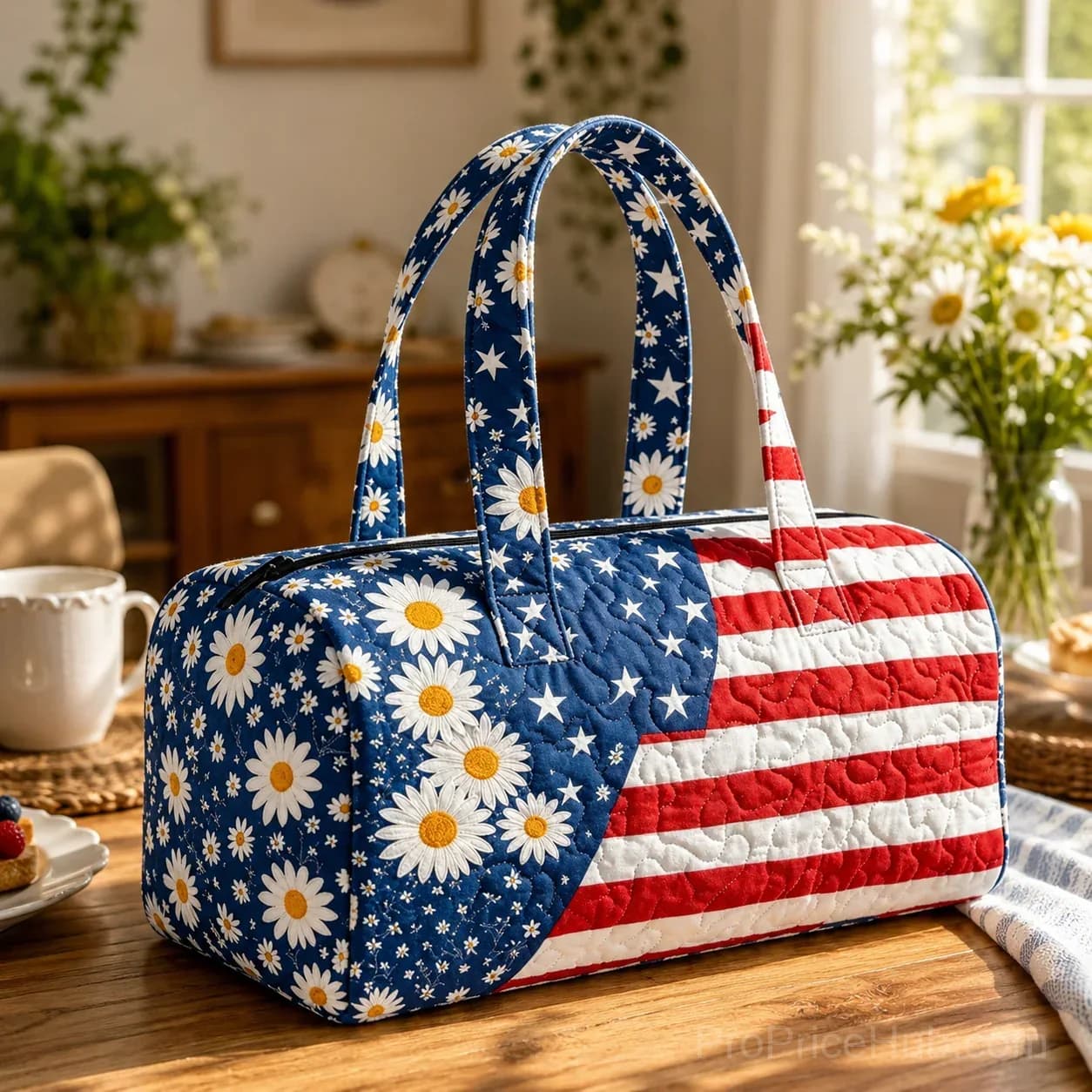 Patriotic Quilted Tote & Travel Duffel with 3D Floral American Flag - View 9