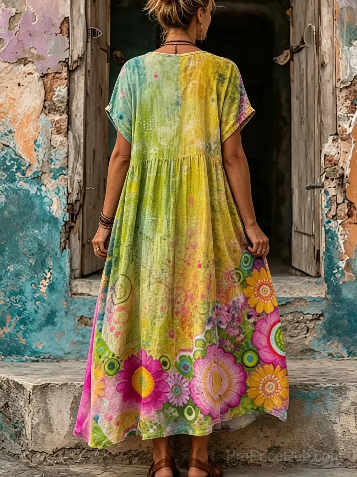Women's Psychedelic Floral V-Neck Short Sleeve Maxi Dress - View 2