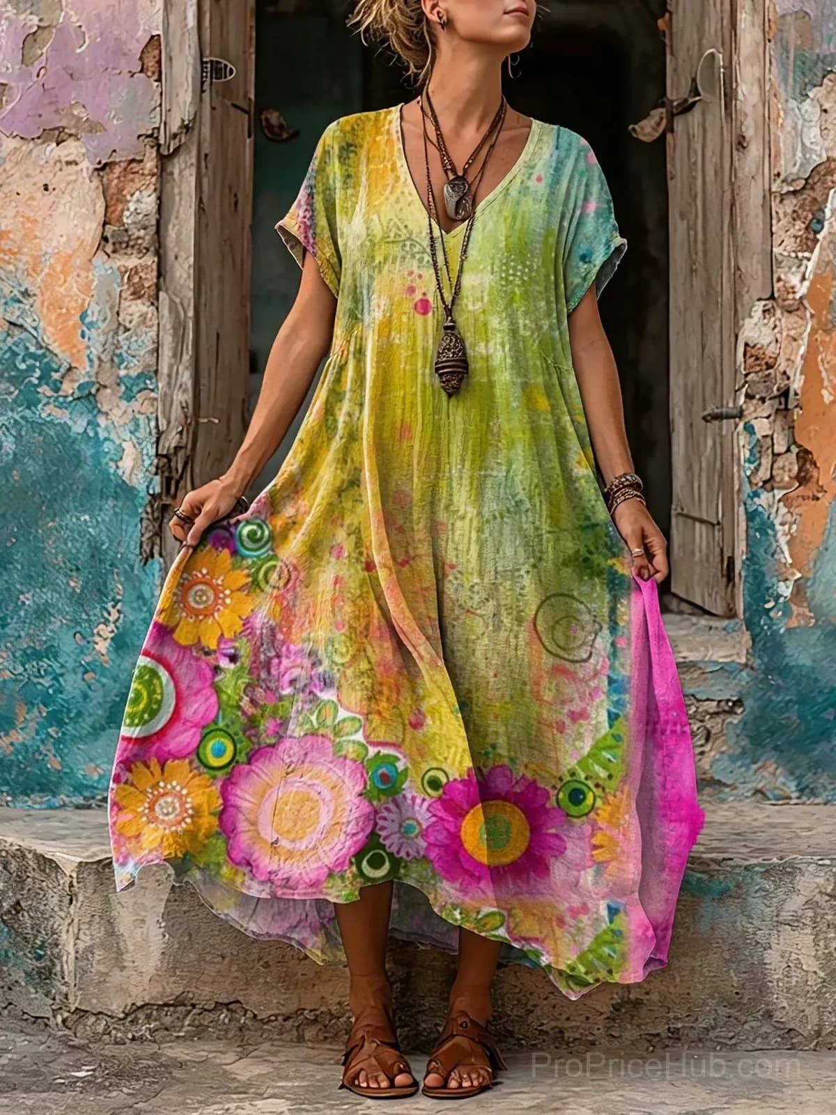 Women's Psychedelic Floral V-Neck Short Sleeve Maxi Dress - View 1