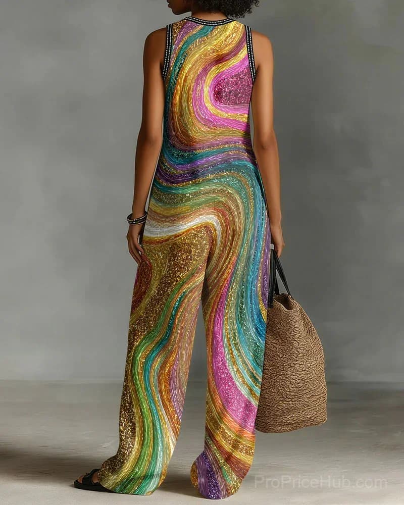 Linen Blend Color-Block Abstract Stripe Sleeveless Jumpsuit with Stand Collar - View 2