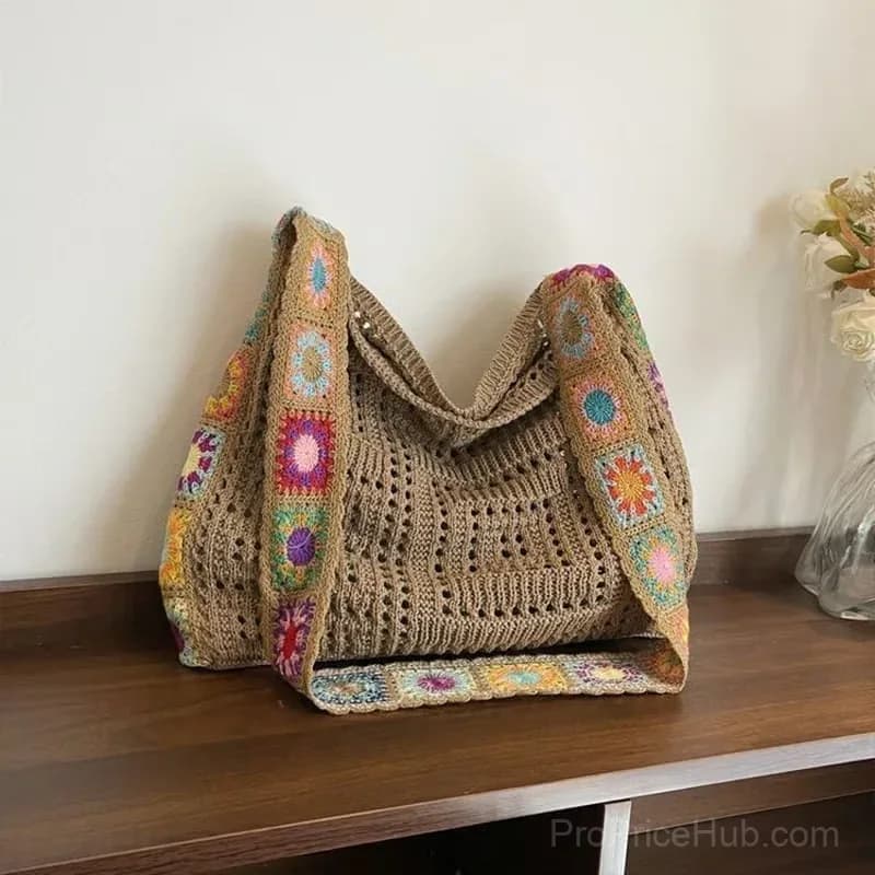 Off-White Hollow Knit Woven Tote Bag with Ethnic Squares - View 6