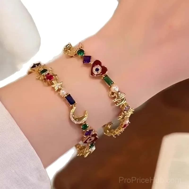 Celestial Charm Bracelet with Sun, Moon, Stars - Multi-Color Crystals - View 9