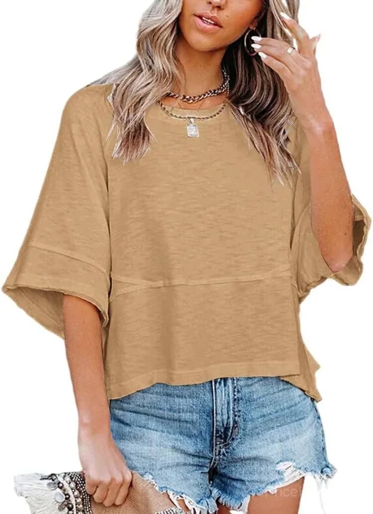 Paneled Solid Color Flared Sleeve T-Shirt - View 4