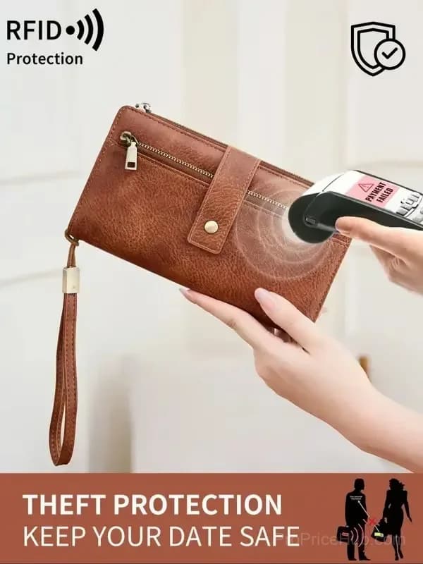 Women's RFID Blocking Leather Long Wallet Clutch - Black - View 9