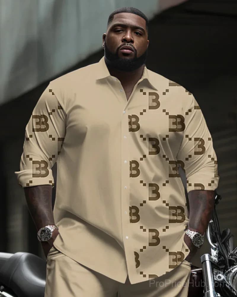 Big & Tall Men's Diamond Print Suit Set - Shirt & Pants - View 3