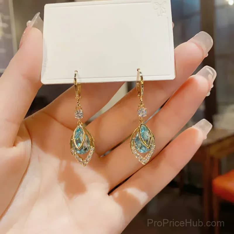 Sky Blue Drop Dangle Hoop Earrings, Gold, 1 Pair - View 9