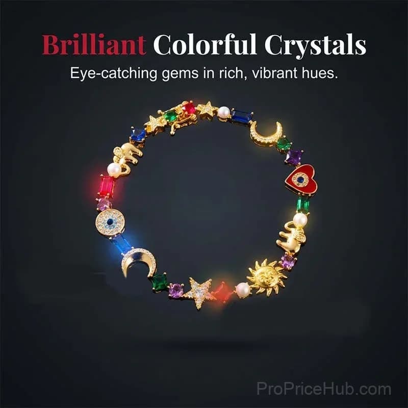Celestial Charm Bracelet with Sun, Moon, Stars - Multi-Color Crystals - View 3