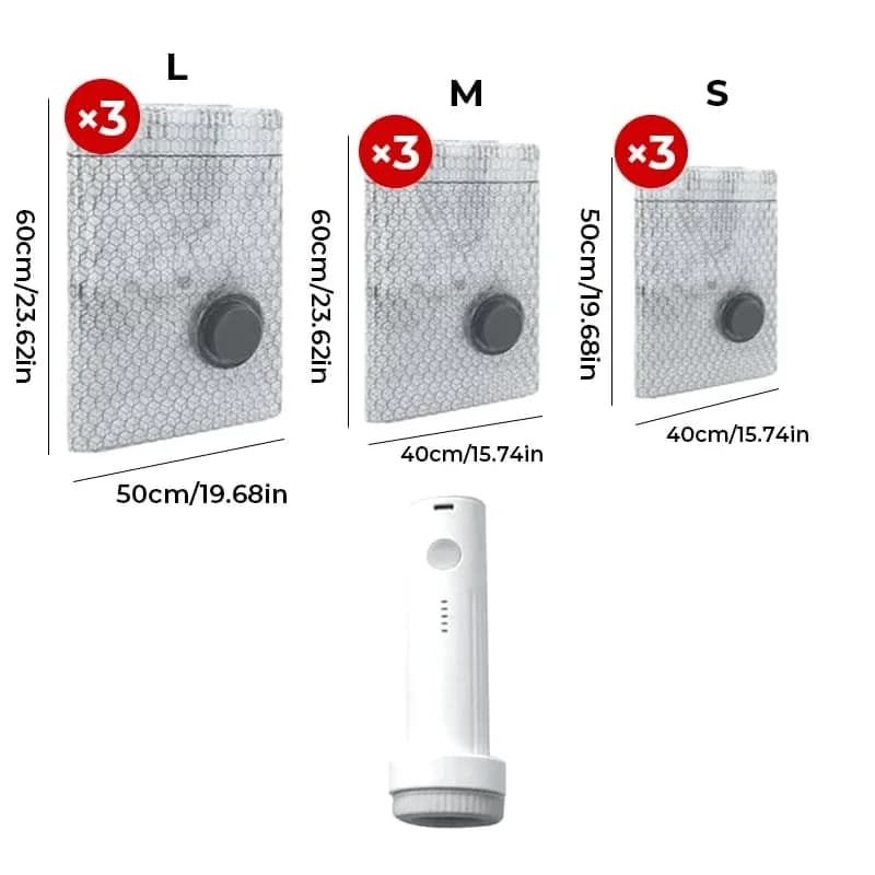 Cordless Travel Vacuum Storage Bag Set, 7 Mil Black, 6-Pack + Pump - Alt