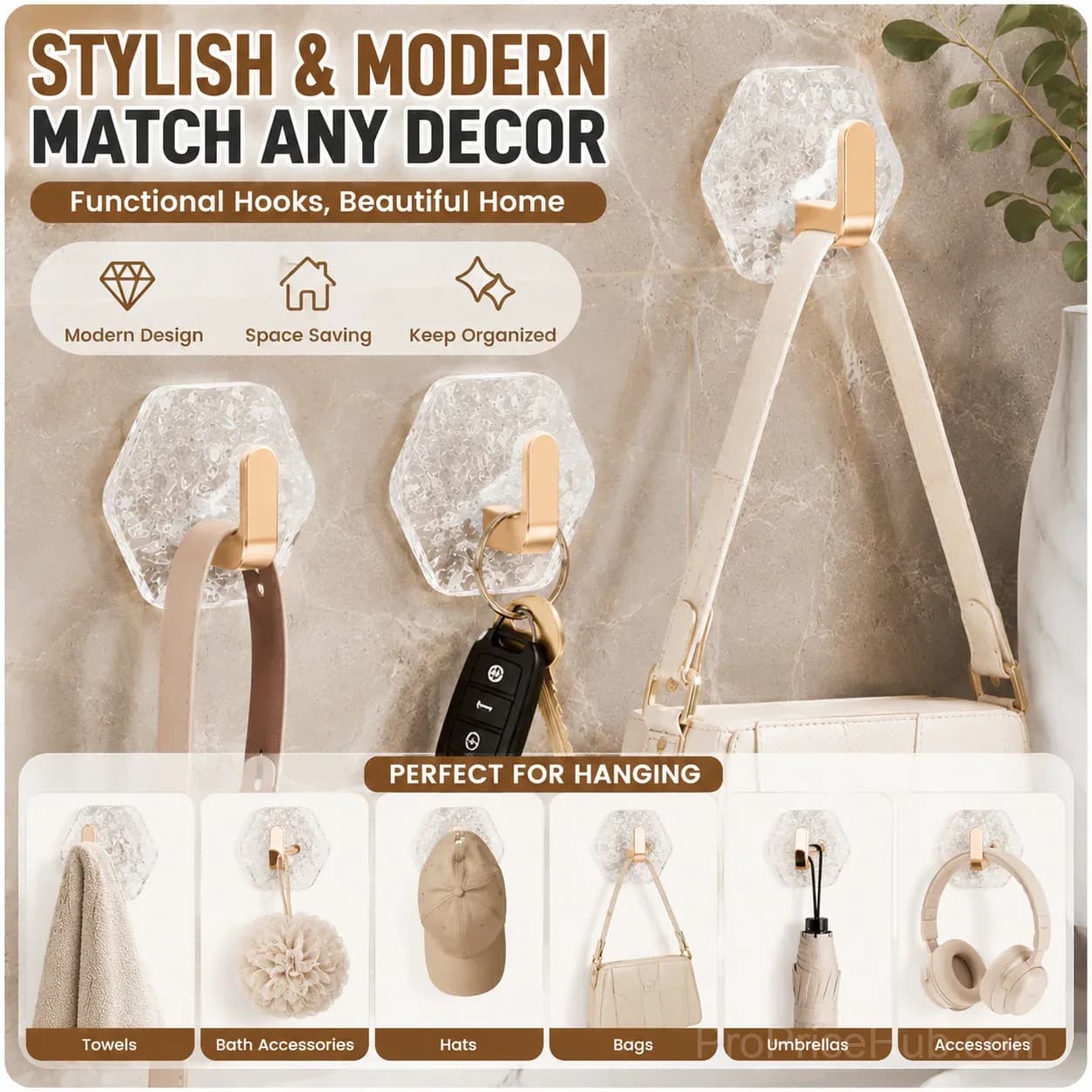 10-Pack Hexagonal Adhesive Wall Hooks, Waterproof Heavy Duty - View 3
