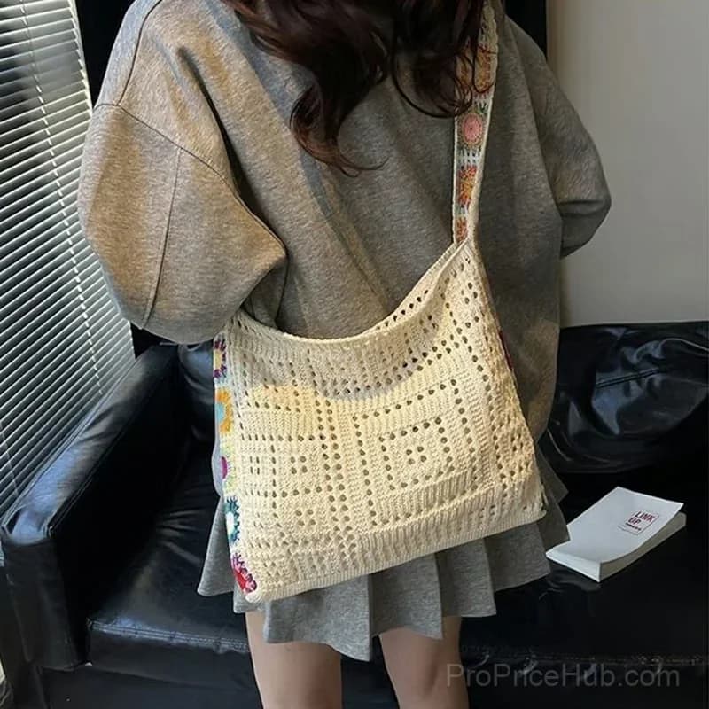 Off-White Hollow Knit Woven Tote Bag with Ethnic Squares - Main