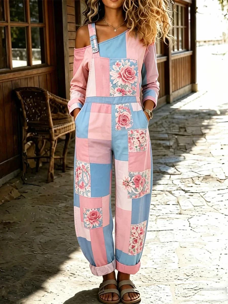 Women's Retro Floral Print Washed Cotton Denim Patchwork Jumpsuit - View 1