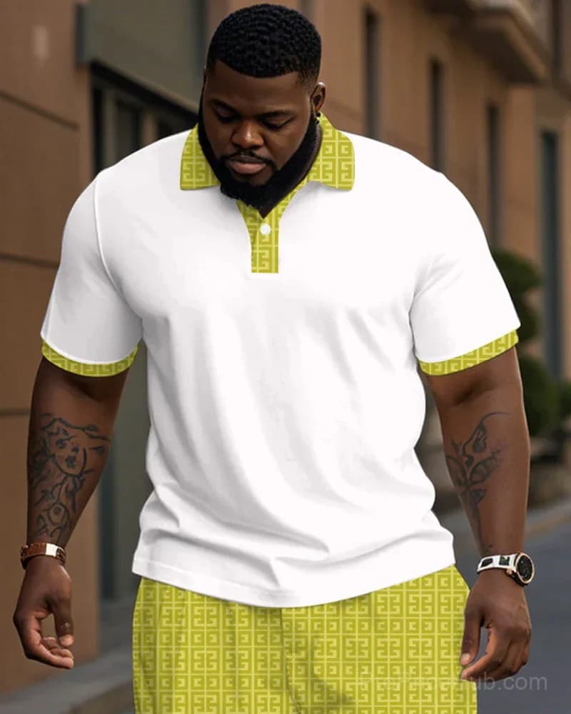 Men's Plus Size Casual Geometric Jacquard Polo Shirt & Trousers Suit Set - View 3