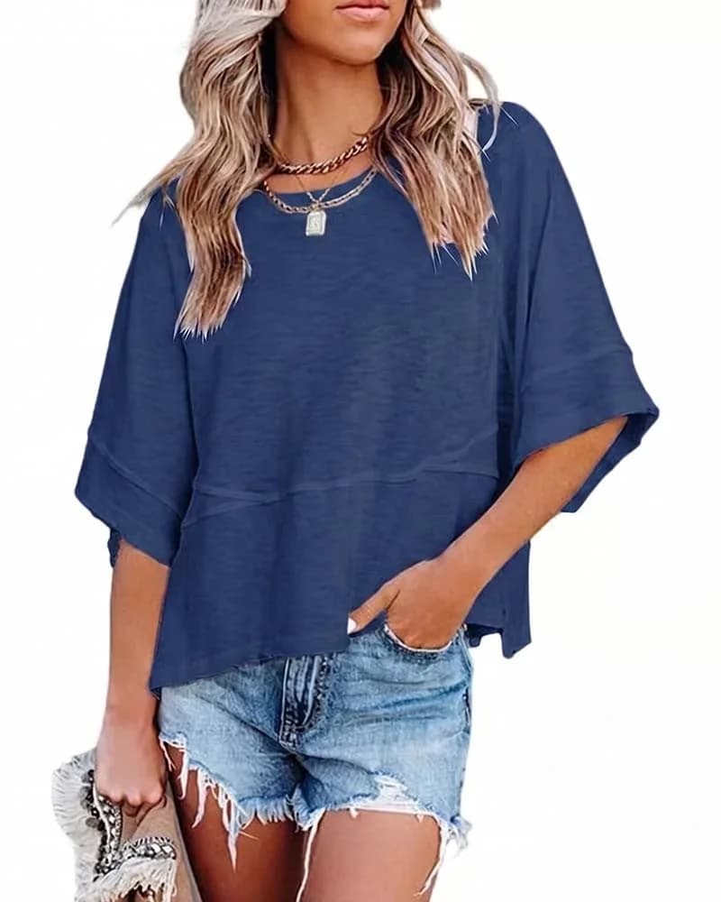 Paneled Solid Color Flared Sleeve T-Shirt - View 18