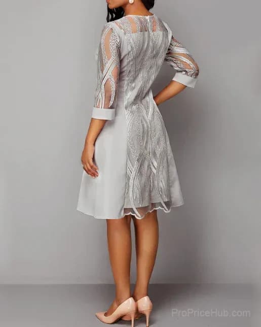Light Grey Lace Panel 3/4 Sleeve Dress - View 2