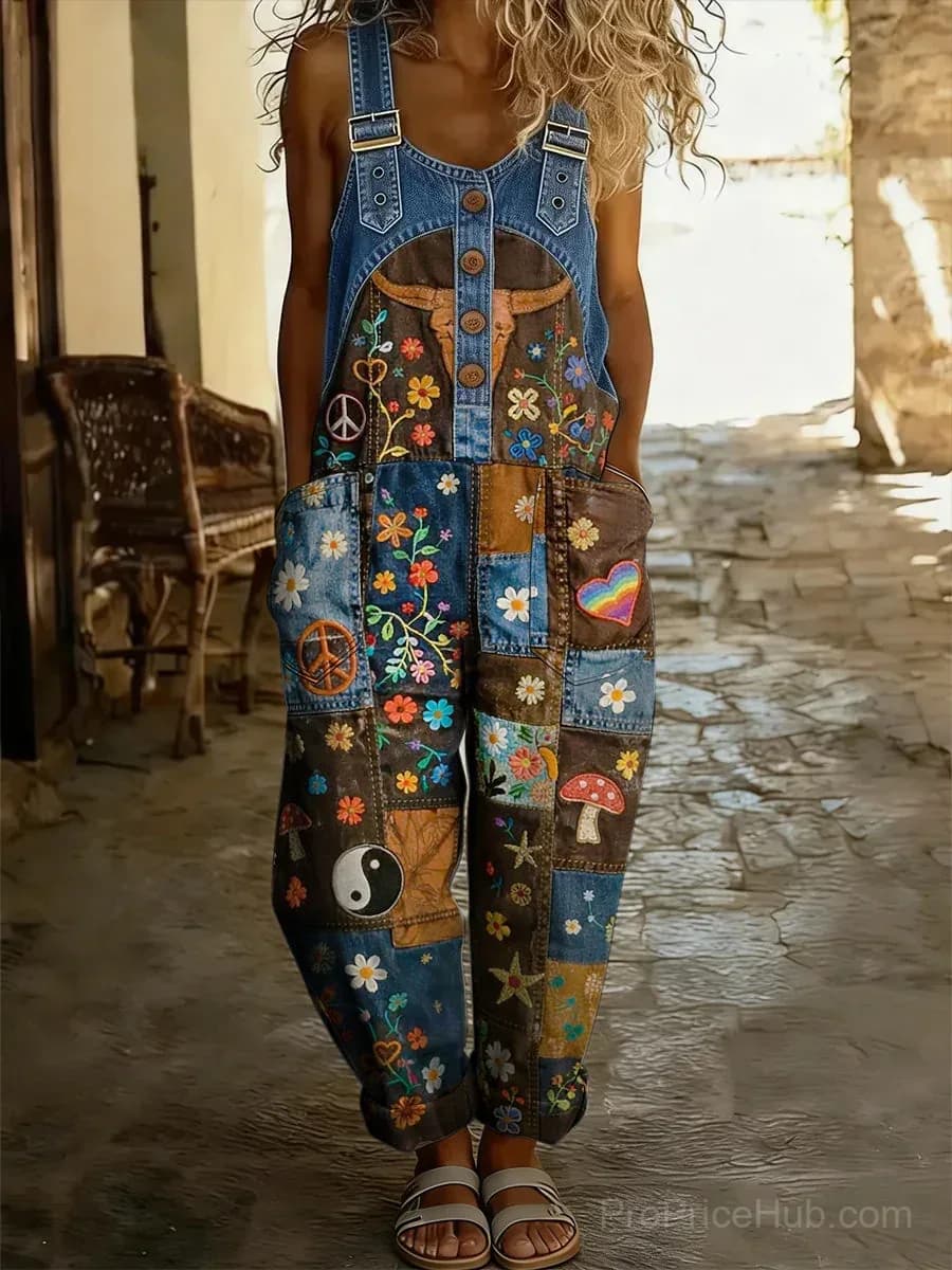 Women's Retro Floral Color-Block Denim Patchwork Jumpsuit - View 1