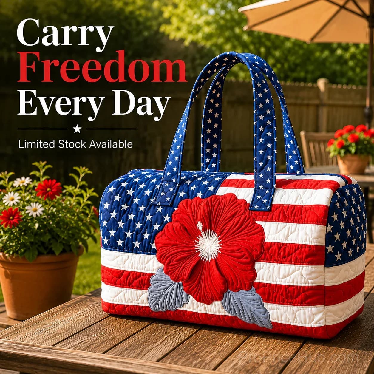 Patriotic Quilted Tote & Travel Duffel with 3D Floral American Flag - View 1