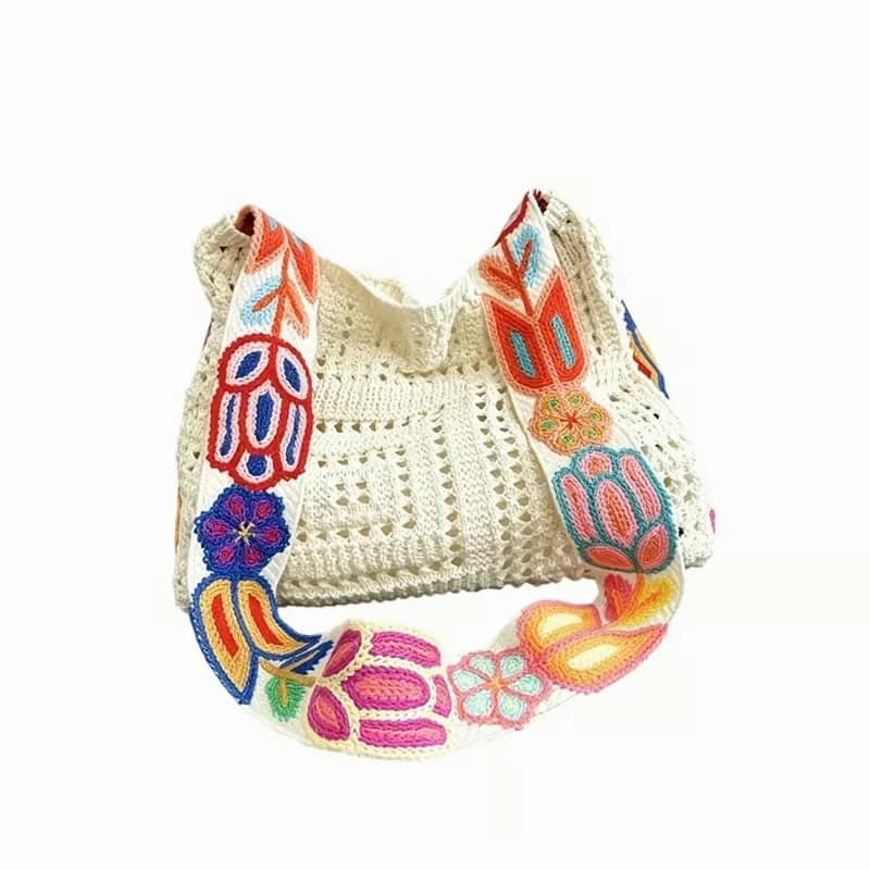 Casual Hollow Knit Tote Bag, Off-White Ethnic Squares - Alt