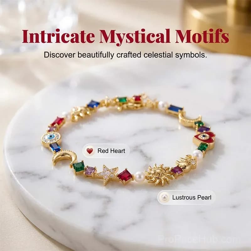 Celestial Charm Bracelet with Sun, Moon, Stars - Multi-Color Crystals - View 2
