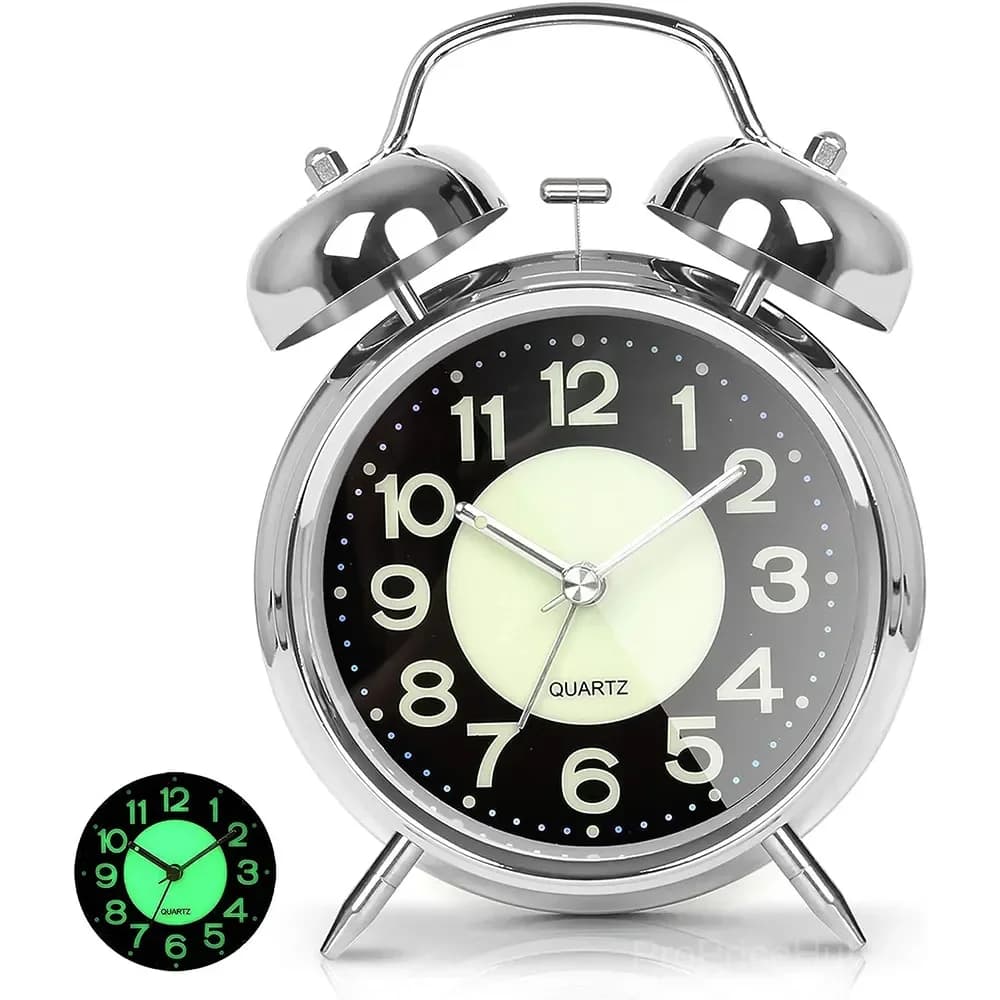 Retro Double Bell Alarm Clock, 4-Inch Silent Quartz with Luminous Dial - View 1