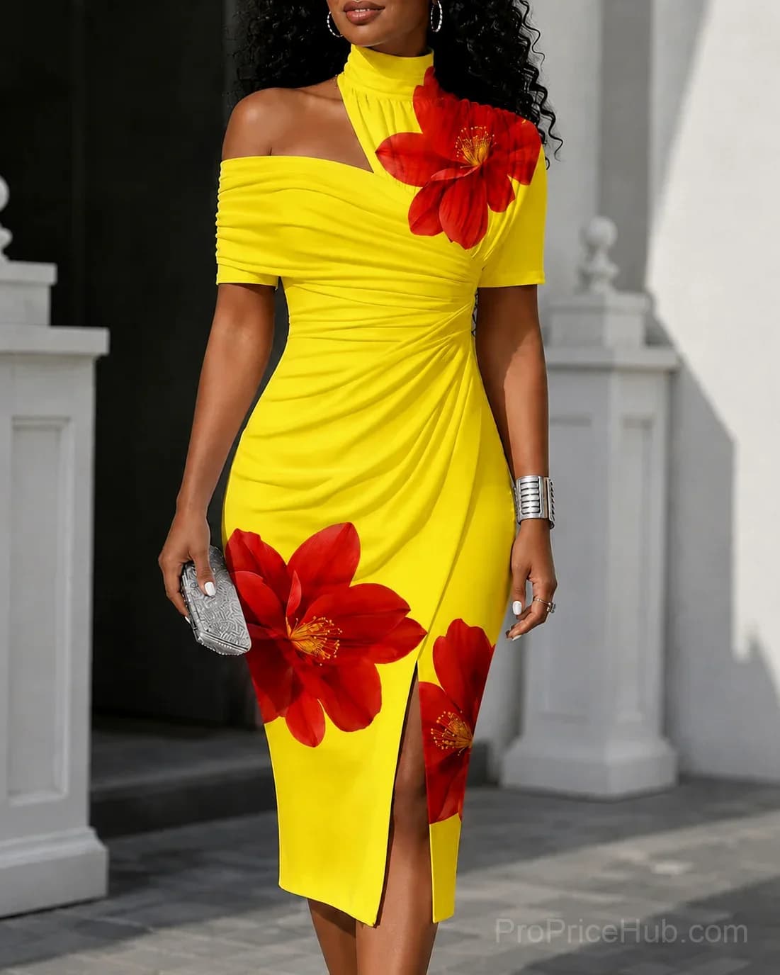One-Shoulder Asymmetrical Midi Dress with Large Floral Print - View 1
