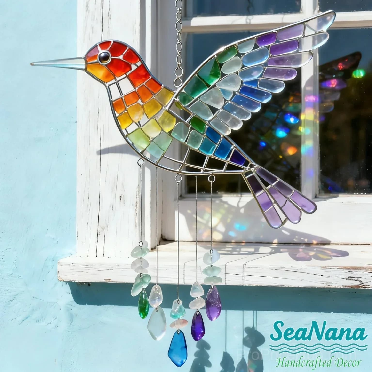 Sea Glass Rainbow Bird Wind Chime - Garden Decor - View 1