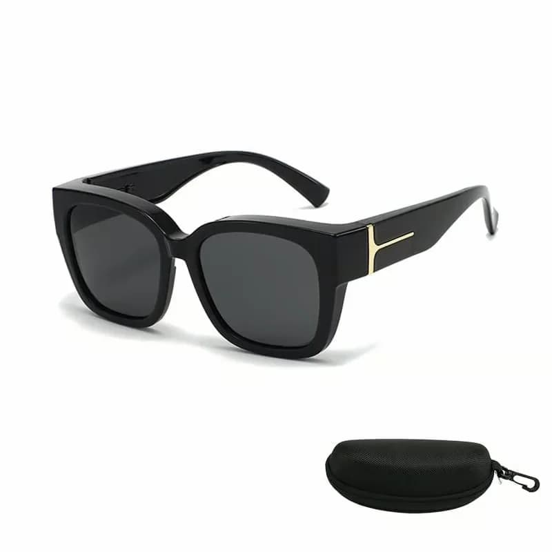 Polarized Square Wrap-Around Sunglasses, Glossy Black with Case - Main