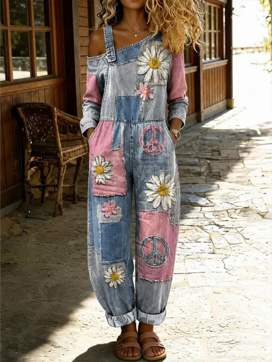 Women's Retro Floral Print Washed Cotton Denim Patchwork Jumpsuit - View 1