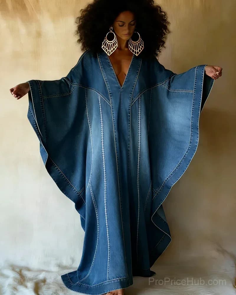 Washed Denim Texture Print V-Neck Long Kaftan Dress - View 1