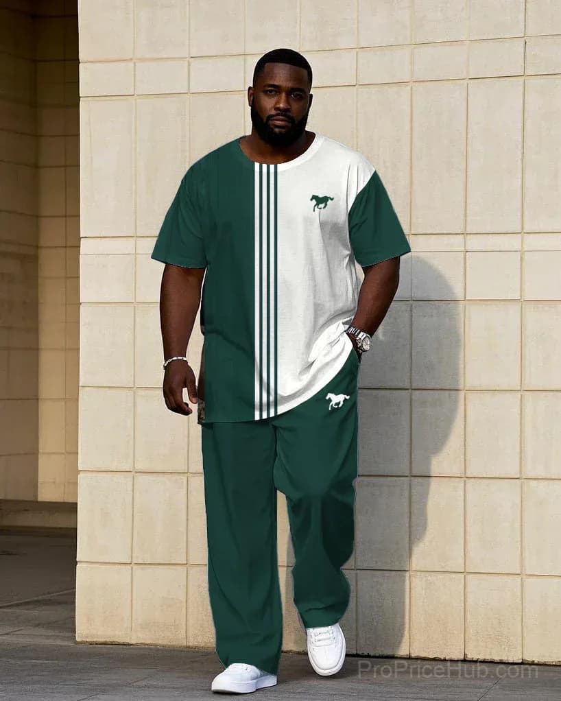 Big & Tall Men's Short Sleeve Tee & Pants Set - White/Green Contrast Stripe - View 1