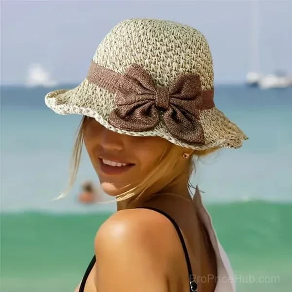 Khaki Foldable Straw Sun Hat with Retro Bow - View 4