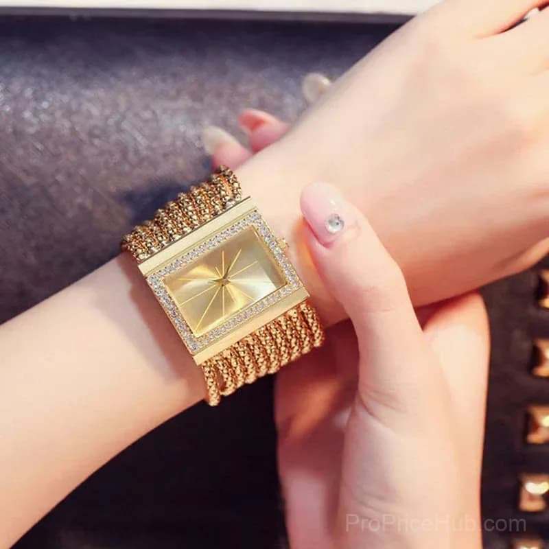 Ladies Gold Rhinestone Square Quartz Watch - View 11