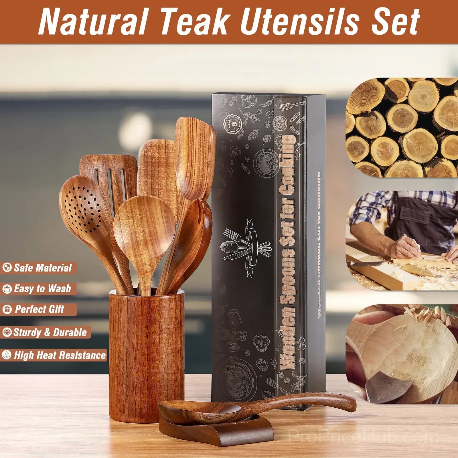 9-Piece Natural Teak Wooden Kitchen Utensil Set with Holder - View 3