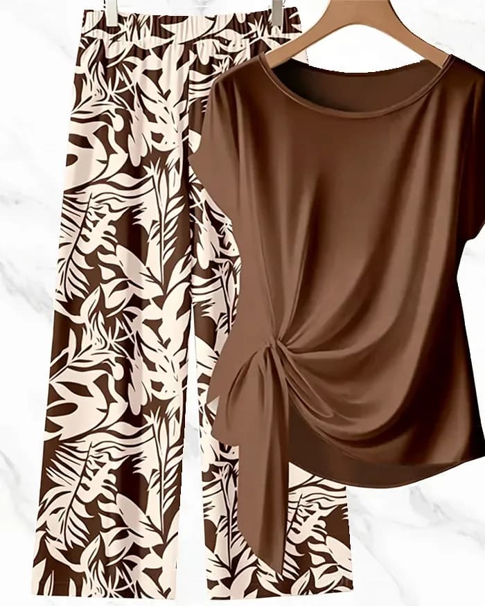 Knot Blouse and Printed Wide-Leg Pants Set, Blue, US 4/S - Alt