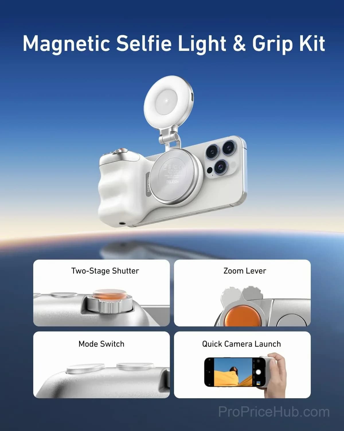 TELESIN Fun Shot Magnetic Phone Grip & Selfie Light Kit, Silver - Alt