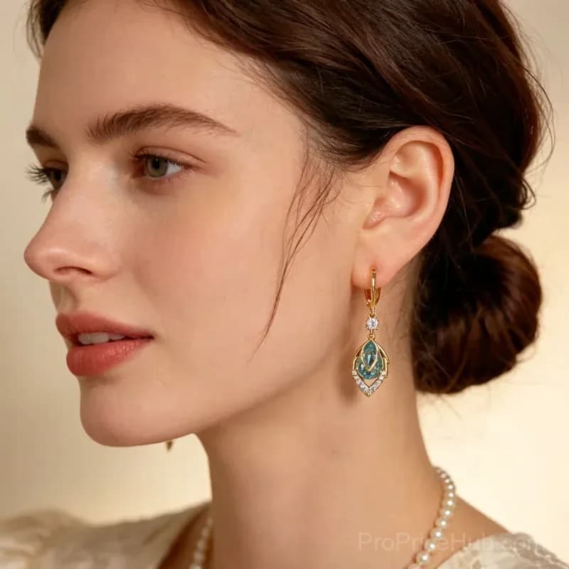 Sky Blue Drop Dangle Hoop Earrings, Gold, 1 Pair - View 4
