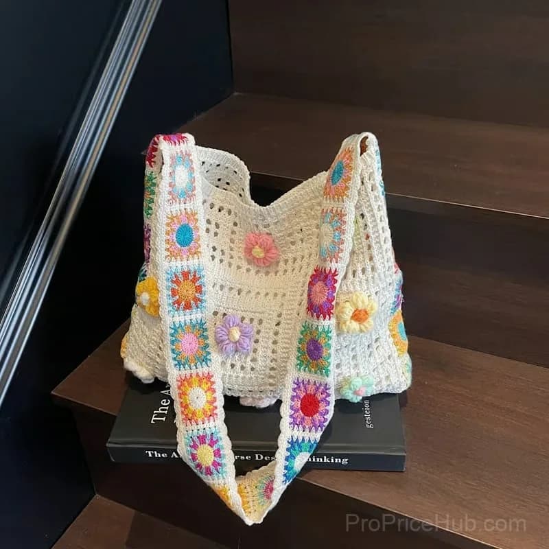 Off-White Hollow Knit Woven Tote Bag with Ethnic Squares - View 3