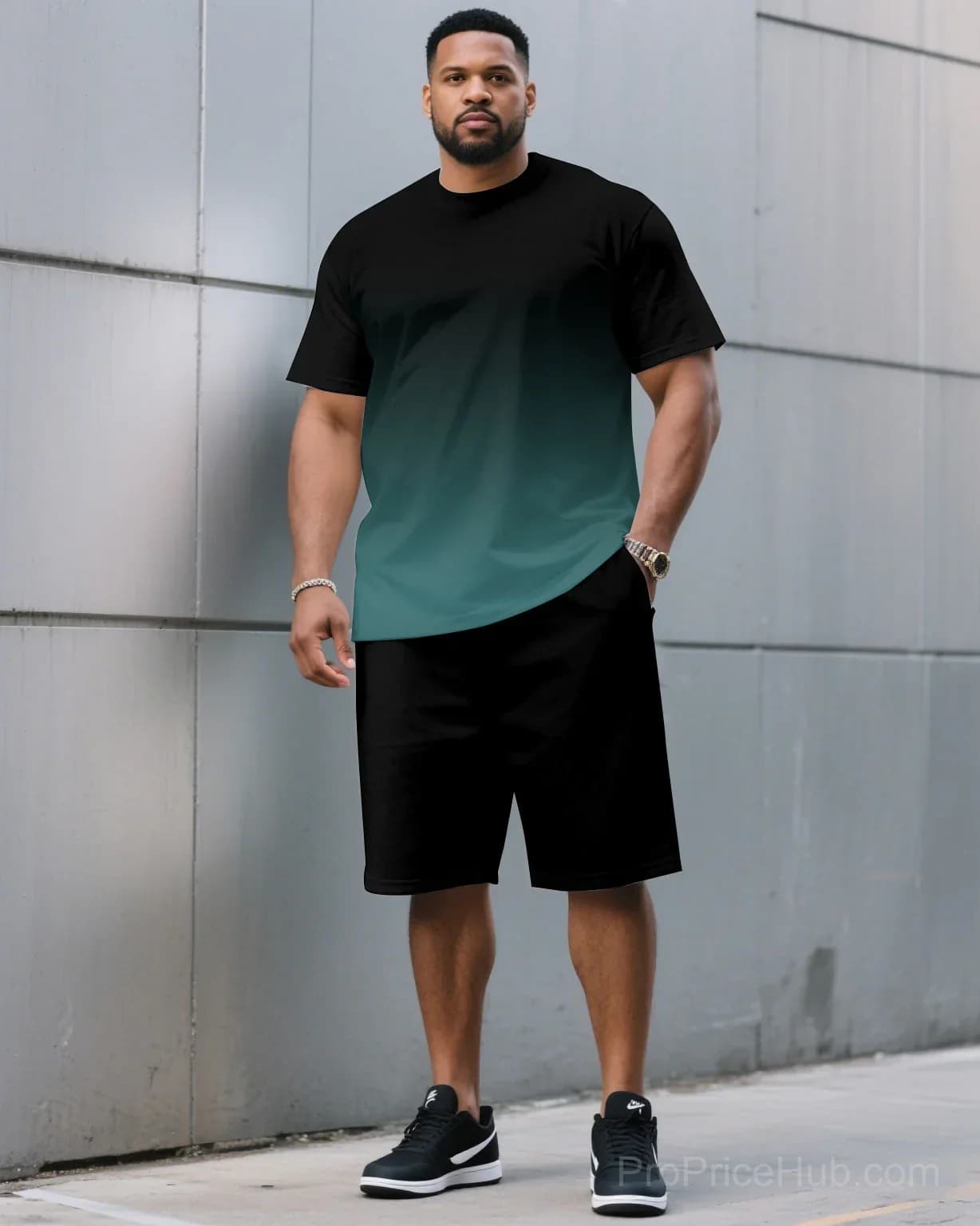 Men's Plus Size Black & Red Gradient T-Shirt and Shorts Set - View 24