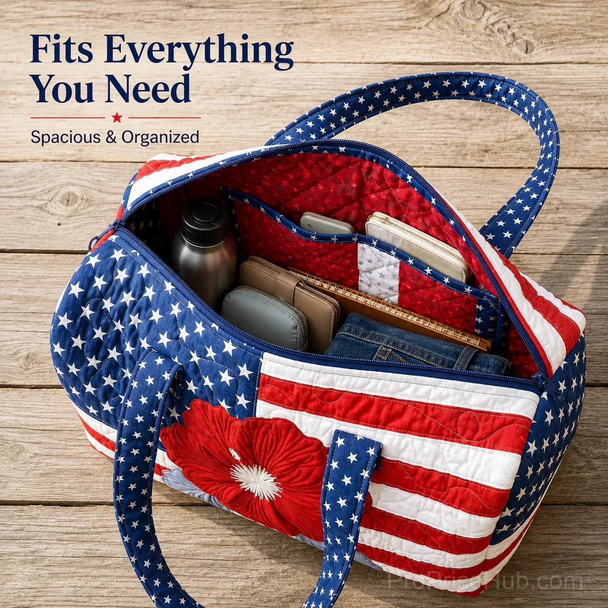 Patriotic Quilted Tote & Travel Duffel with 3D Floral American Flag - View 3
