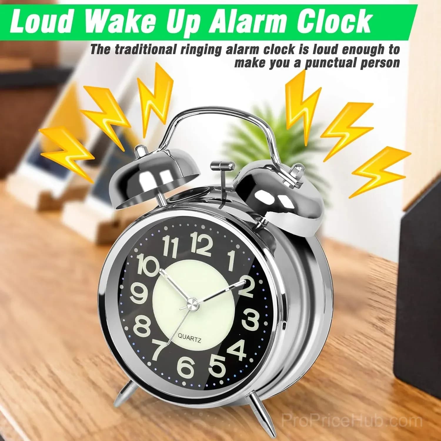Retro Double Bell Alarm Clock, 4-Inch Silent Quartz with Luminous Dial - View 4