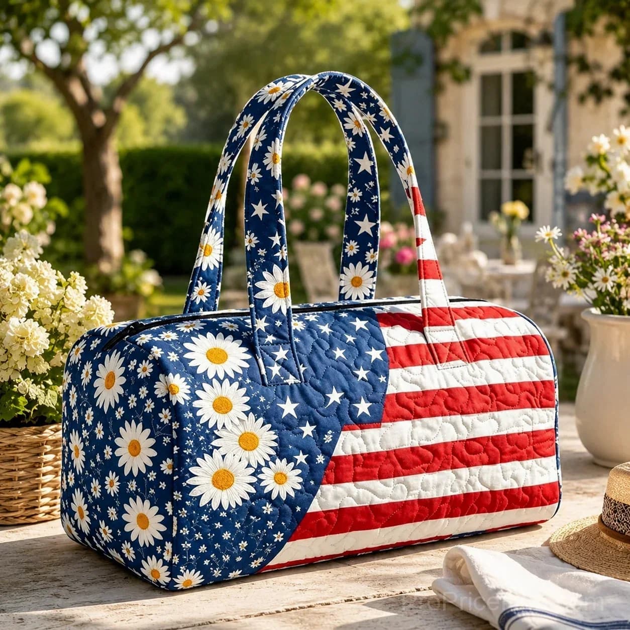 Patriotic Quilted Tote & Travel Duffel with 3D Floral American Flag - View 7